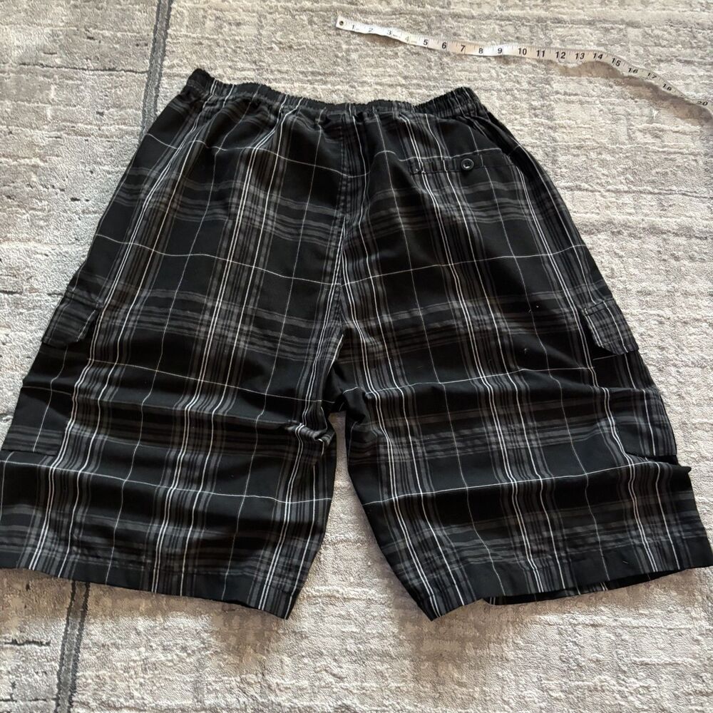Triveni Plaid Cargo Shorts Mens XXL Black Gray Elastic Waist Baggy Y2K Grunge
